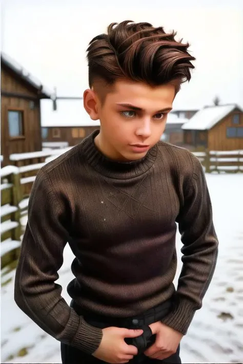a boy, european, bronze quiff hairstyle, slim body, winter sweater, pants, winter scenery, overcast flat lighting, <lora:hs_quiff:0.8>