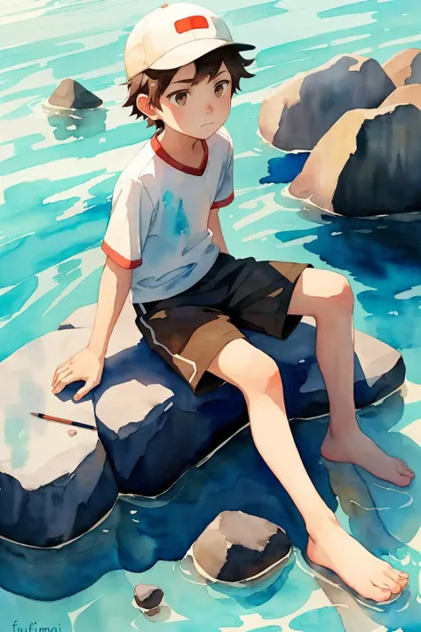 anime boy sitting on a rock in the water with a hat on