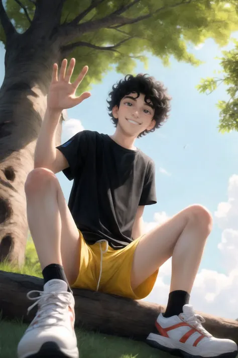(Boy face:1.1), smile, teen, 18 years old, black hair, medium curly hair, fluffy hair, tanned skin, looking at viewer, detailed skin, high quality, masterpiece,