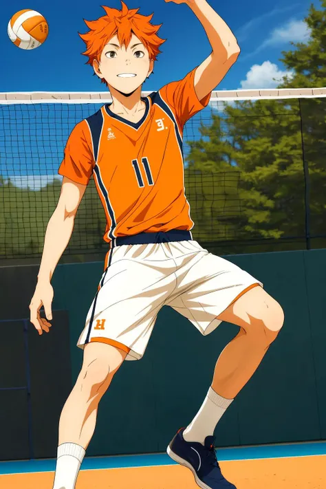 <lora:ShouyouHinataV2:0.6>,high res, masterpiece, Shouyou Hinata , orange hair, solo, 1boy, male, volleyball court, outside,blue sky, woods, , detailed eyes, white socks, solo male focus, full body view