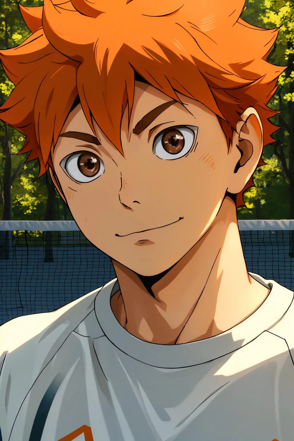 <lora:ShouyouHinataV2:0.6>,high res, masterpiece, Shouyou Hinata , orange hair, solo, 1boy, male, volleyball court, outside,blue sky, woods, , detailed eyes,