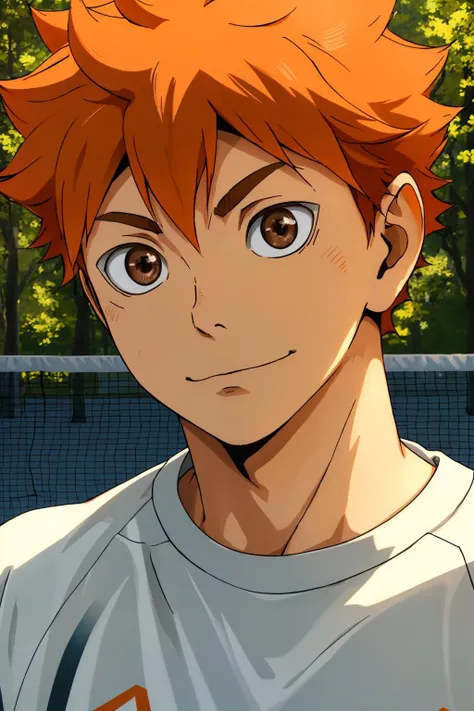 <lora:ShouyouHinataV2:0.6>,high res, masterpiece, Shouyou Hinata , orange hair, solo, 1boy, male, volleyball court, outside,blue sky, woods, , detailed eyes,