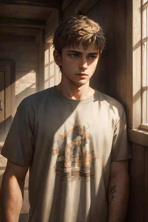 Boy  in a dark gray t-shirt, next to a wooden wall, day, hyper_realistic, high_detail, skin texture, epic realistic, (dark shot:1.22), neutral colors, (hdr:1.4), (muted colors:1.4), (intricate), (artstation:1.2), dramatic, intricate details, (technicolor:0.9), detailed, [[rutkowski]], intricate, cinematic, detailed, (dark shot:1.17), epic realistic, faded, ((neutral colors)), art, (hdr:1.5), (muted colors:1.2), hyperdetailed, (artstation:1.5), cinematic, warm lights, dramatic light, (intricate details:1.1), complex background, (rutkowski:0.8), (teal and orange:0.4)