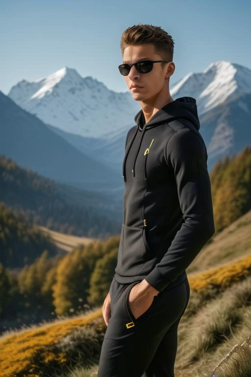 a european male, black sunglasses, slim body, sports hoodie and pants, meadow in the mountains as a background, autumn, <lora:sunglasses:0.7>