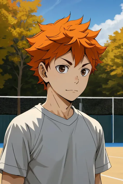 <lora:ShouyouHinataV2:0.6>,high res, masterpiece, Shouyou Hinata , orange hair, solo, 1boy, male, volleyball court, outside,blue sky, woods, , detailed eyes,