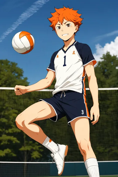 <lora:ShouyouHinataV2:0.6>,high res, masterpiece, Shouyou Hinata , orange hair, solo, 1boy, male, volleyball court, outside,blue sky, woods, , detailed eyes, white socks, solo male focus, full body view