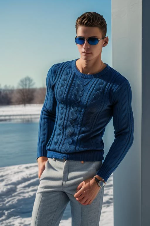 a european male, blue sunglasses, slim body, winter sweater, pants, winter scenery, natural lighting, <lora:sunglasses:0.8>