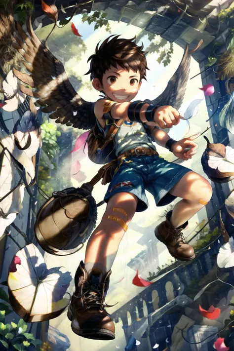 solo, looking at viewer, smile, brown hair, 1boy, brown eyes, flower, male focus, boots, wings, shorts, bag, grin, tree, petals, bandaid, feathered wings, black wings, male child, bandaid on leg, bandaid on knee,
<lora:noeyebrow:1>