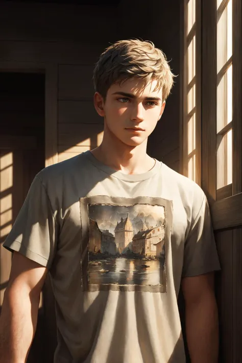 Boy  in a dark gray t-shirt, next to a wooden wall, day, hyper_realistic, high_detail, skin texture, epic realistic, (dark shot:1.22), neutral colors, (hdr:1.4), (muted colors:1.4), (intricate), (artstation:1.2), dramatic, intricate details, (technicolor:0.9), detailed, [[rutkowski]], intricate, cinematic, detailed, (dark shot:1.17), epic realistic, faded, ((neutral colors)), art, (hdr:1.5), (muted colors:1.2), hyperdetailed, (artstation:1.5), cinematic, warm lights, dramatic light, (intricate details:1.1), complex background, (rutkowski:0.8), (teal and orange:0.4)
