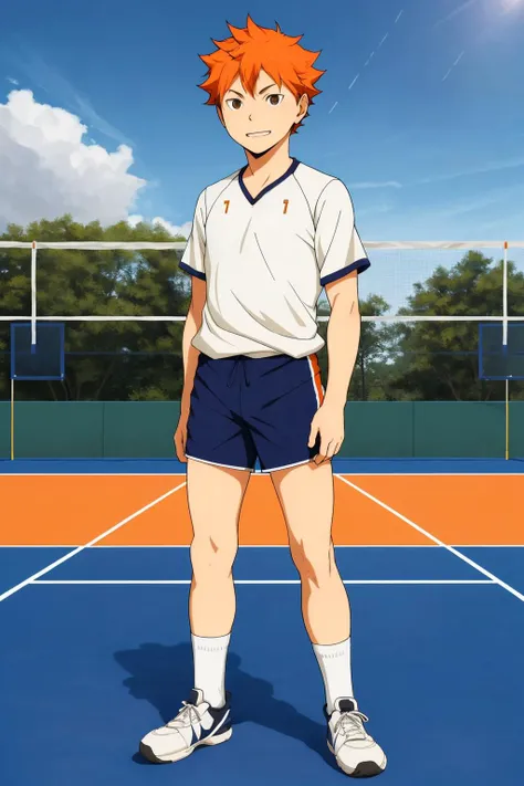 <lora:ShouyouHinataV2:0.6>,high res, masterpiece, Shouyou Hinata , orange hair, solo, 1boy, male, volleyball court, outside,blue sky, woods, , detailed eyes, white socks, solo male focus, full body view