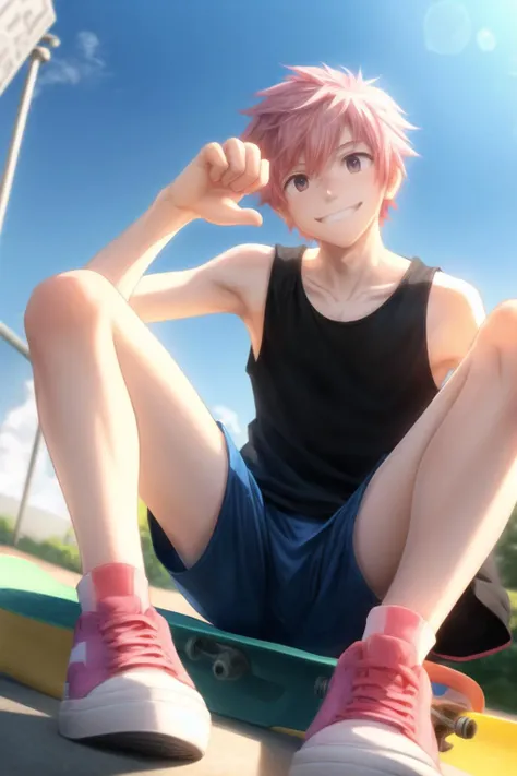  A cute boy with bright colored hair ,  short hair ,  he is wearing very short socks and medium shorts that show his great dignity. He is lying on a bench with one leg bent at the knee in the park . 