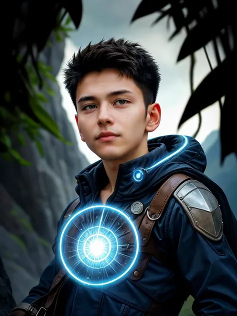RAW photograph, fantasy, (seen from below, looking down at viewer), on mountain peak outcropping, Hologram wizard casting powerful spell, young teenage boy male with dark brown hair hazel eyes, wearing futuristic mage uniform, surrounded by swirling magical azure light streams, photorealistic, photorealism, greg rutkowski, trending on artstation, film, studio lighting, detailed skin, ultra realistic, bokeh, sharp features