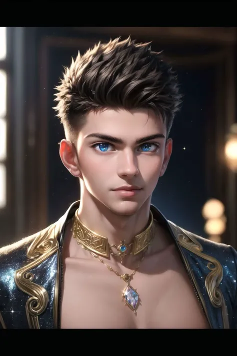 (masterpiece, best quality:1.2), 8k, insane details, intricate details, hyperdetailed, hyper quality, high detail, ultra detailed, professional, HDR, realistic, ray tracing reflection, detailed skin, detailed beautiful eyes, official art, short spiked hair,
1boy, cute, god, cinematic lighting, ornate, (glitter, sparkly golden:1.2), ornament, diamond, head shot, sexy, handsome,