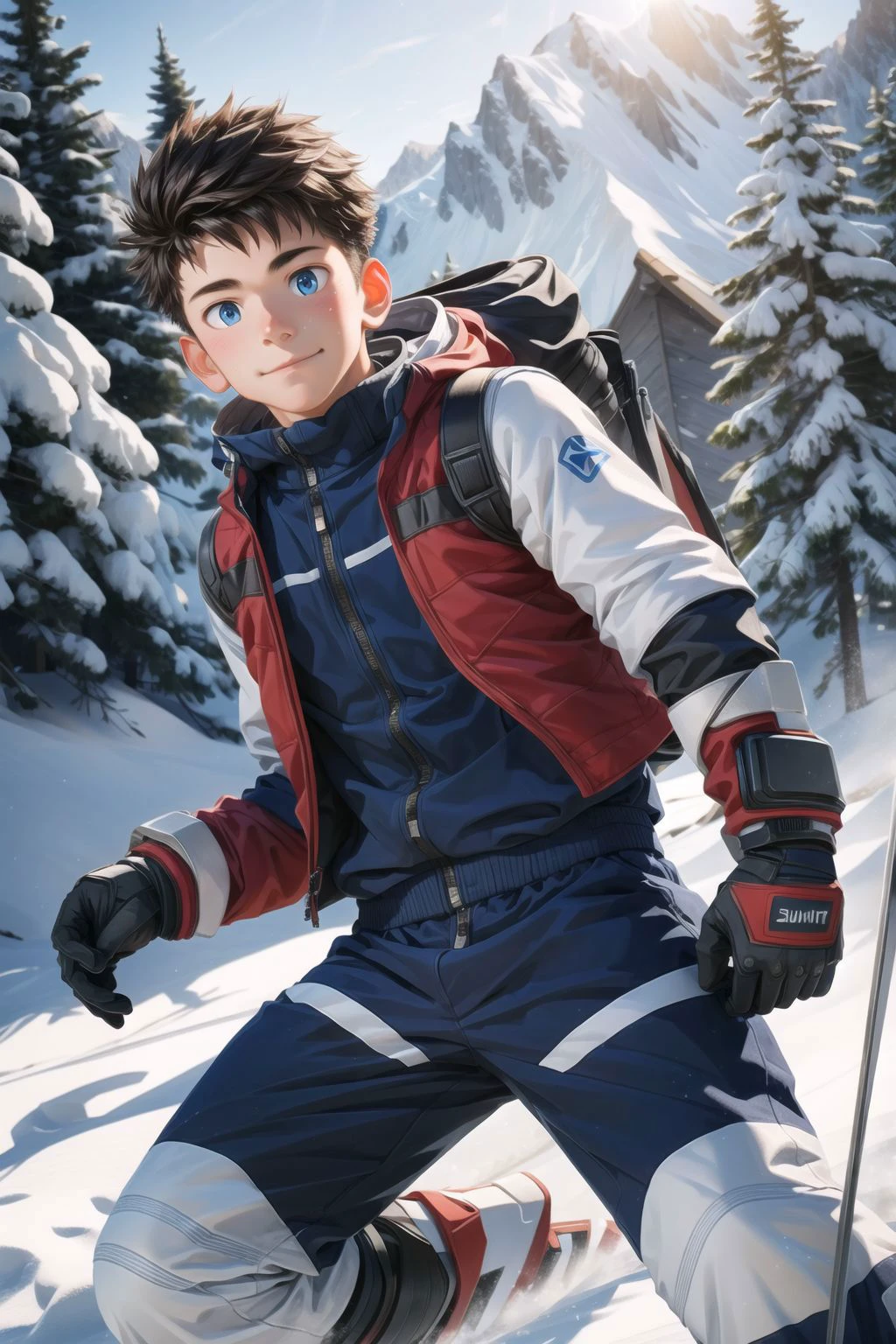 1boy wearing on a snowy ski piste, hyperrealism, highly detailed background, 8k uhd, dslr, soft lighting, high quality, film grain, Fujifilm XT3, HD, Sharp, OverallDetail, 3d, oc rendering, unreal engine, detailed face, detailed skin, detailed eyes, realistic,