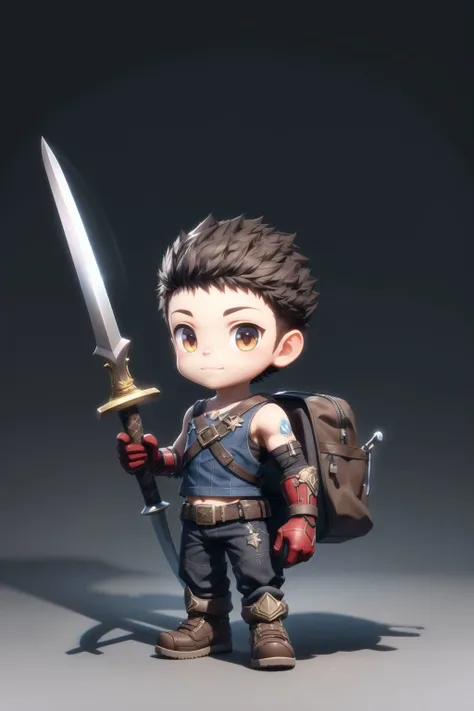 masterpiece, best quality, game icon institute,game icon,A little boy carrying a giant sword on his back. 3d, oc rendering, unity 8k wallpaper, unreal engine, chibi,