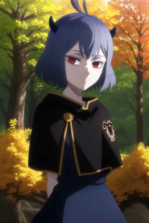 masterpiece, best quality, highly detailed, absurd res, highres, perfect, artbook, detailed eyes, 1girl, solo,  <lora:Secre_v21-000008:0.9>, Secre_Swallowtail_v20,  blackbull-cape, headshot, looking at viewer, expressionless,  red eyes, arms_behind_back, sunny, outdoors, autumn, colorful