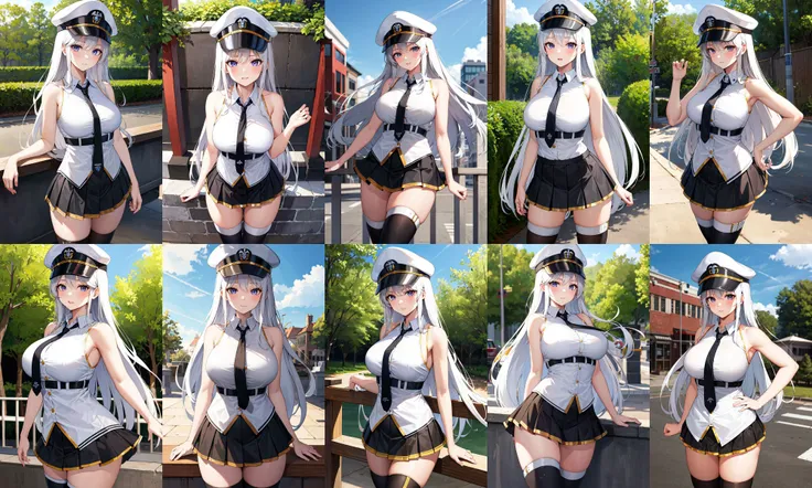 masterpiece, best quality, highres, aaenter, long hair, hat, white headwear, large breasts, black necktie, sleeveless shirt, white shirt, bare arms, belt, pleated skirt, black skirt, black thighhighs, <lora:enterprise_v1:0.7>, standing, cowboy shot, outdoors,
