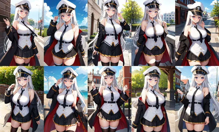 masterpiece, best quality, highres, bbenter, long hair, ponytail, baseball cap, eyewear on headwear, sunglasses, large breasts, cleavage, halter dress, sleeveless, jacket, single gloves, white belt, miniskirt, thighhighs, <lora:enterprise_v1:0.7>, standing, cowboy shot, outdoors