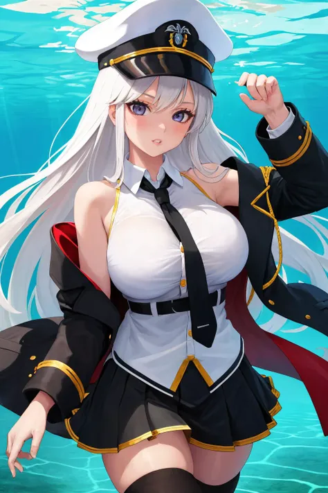 masterpiece, best quality, 1girl, solo, parted lips, <lora:enterprise_v1:0.8> aaenter, long hair, hat, white headwear, large breasts, black necktie, sleeveless shirt, white shirt, off shoulder, black coat, open coat, belt, pleated skirt, black skirt, black thighhighs, partially submerged