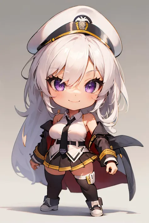 (looking_at_viewer:1.1),Smile,solo,slim,
(CHIBI1.3),(full body),simple_background,
<lora:(碧èèªç·)伿¥é¢¨æ ¼.enterprise_v1:0.9>,
aaenter,purple eyes,white hair,(long hair),large breasts,
hat,white headwear,black necktie,sleeveless shirt,white shirt,off shoulder,black coat,open coat,belt,pleated skirt,black skirt,black thighhighs,