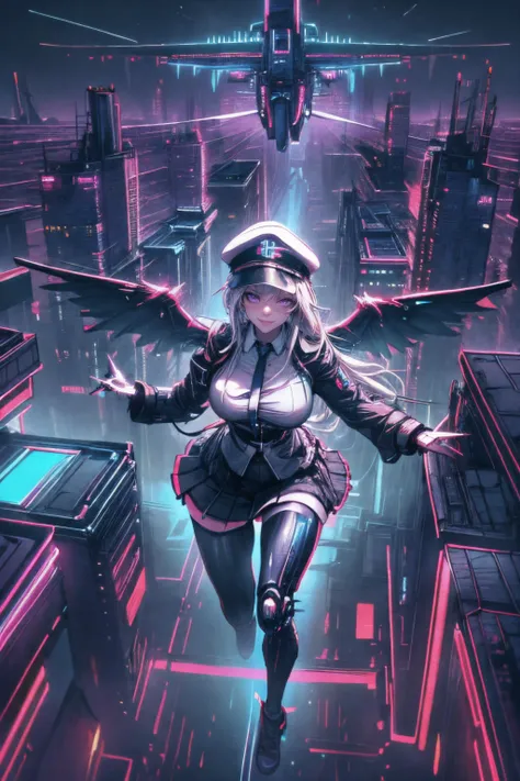 (looking_at_viewer:1.1),Smile,solo,slim,
<lora:(ç¢§èèªç·)ä¼æ¥­é¢¨æ ¼.enterprise_v1:0.6>,
aaenter,purple eyes,white hair,long hair,large breasts,
hat,white headwear,black necktie,(white shirt:0.6),(black coat:0.6),(black skirt:0.8),(black thighhighs:0.6),
(flying),(flying over cities:1.6),(wings),(mechanical NEON wings:1.2),mechanical body woman,(from_above),
<lora:[åè½]å¢æ¸ç´°ç¯LORA.add_detail:1>,<lora:[ç«é¢¨]è³½åé¾å.CyberPunkAI:0.7>,
night,future city,cyberpunk,CYBERPUNKAI,NEON,