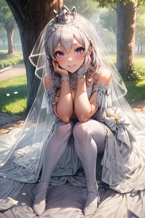 (looking_at_viewer:1.1),Smile,solo,slim,
<lora:(ç¢§èèªç·)ä¼æ¥­é¢¨æ ¼.enterprise_v1:0.7>,
aaenter,purple eyes,white hair,long hair,large breasts,
bridal veil,crown,choker,cleavage,bride,wedding dress,white dress,long dress,
sitting,head rest,hands on own face,hands on own cheeks,
outdoors,day,tree,
<lora:[åè½]å¢æ¸ç´°ç¯LORA.add_detail:1>,