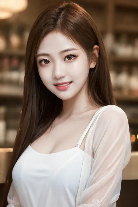 (masterpiece), (best quality), (realistic), Nikon RAW photo, Fujifilm XT3, beautiful 1girl,
tight white_blouse,
facing viewer, smile,
(ultra detailed), 8k, 4k, intricate, upper body, detailed face, detailed eyes, best lighting, bar,
see-through,
<lora:Ningning_v1:0.7>