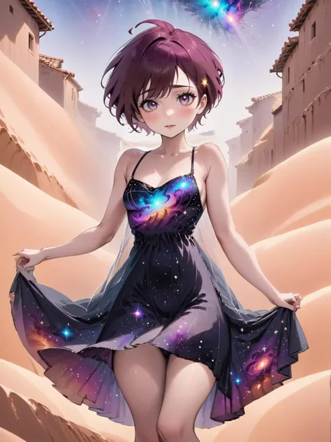 Watercolor painting beautiful woman with ((stellar clothing)), <lora:xl_stellar_clothing-1.0:1>, maxi skirt,
(mahogany hair Pixie Cut),
small breasts,
(desert),
point-of-view shot,
dancing,
smug . Vibrant, beautiful, painterly, detailed, textural, artistic