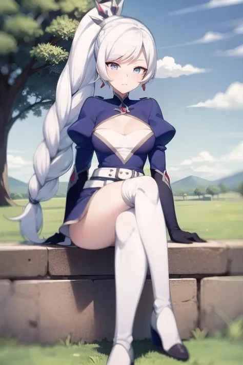 1girl, solo, looking at viewer, standing, full body, WeissVol7, weiss schnee, blue eyes, scar across eye, white hair, braid, high ponytail, large braid, braided ponytail, long ponytail, sidelocks, hair ornament, crown ornament, earrings, jewelry, red earrings, blue-trimmed dress, blue collar, puffy sleeves, cleavage, snowflake insignia, black gloves, white belt, pouches, combat dress, high heels, boots, wedge heels
outdoors, park, tree, grass, blue sky, cloud,
<lora:Weiss_Schnee_RWBY_Vol_7:1>, masterpiece, best quality, detailed, sidelighting, lustrous skin,
