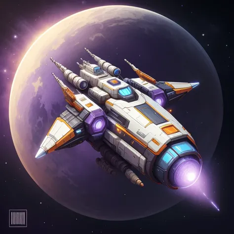 big purple spaceship,barren planets background,cannons ,<lora:CuteSpaceships:0.8>,