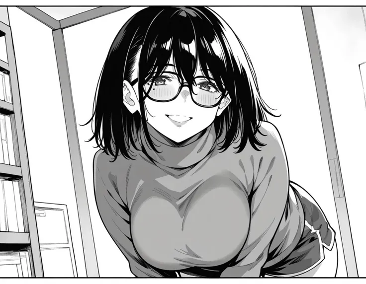 score_9, score_8_up, score_7_up, source_anime,
kasumimiyoshi, <lora:kasumi-miyoshi-manga-ponyxl-lora-nochekaiser:1>,
kasumi miyoshi, bangs, hair between eyes, medium hair, mole, black-framed eyewear, plump, monochrome, greyscale, large breasts,
turtleneck, long sleeves, shorts,
indoors, bent over, smile,
looking at viewer, solo, cowboy shot, dutch angle,