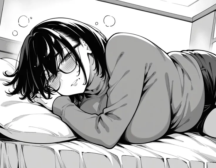 score_9, score_8_up, score_7_up, source_anime,
kasumimiyoshi, <lora:kasumi-miyoshi-manga-ponyxl-lora-nochekaiser:1>,
kasumi miyoshi, bangs, hair between eyes, medium hair, mole, black-framed eyewear, plump, monochrome, greyscale, large breasts,
turtleneck, long sleeves, shorts,
indoors, bed, bed room, on side, blush, drunk,
looking at viewer, solo, cowboy shot, dutch angle,