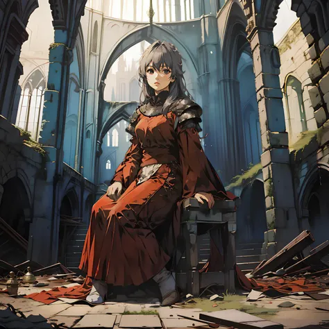 (high quality), nodf_lora, 1girl, solo, portrait, sitting, outdoors, inside abandoned castle, Medieval, red robe, fantasy, (depth of field), <lora:notion_of_dark_fantasy-nodf:0.9>