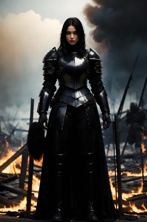 (best quality, masterpiece), nodf_lora, standing, (1girl, solo, black hair, plate armor, shoulder armor, pauldrons, dirty), facing viewer, sexy, breast, (vintage, Ancient era, empty battlefield behind), scenery, (depth of field, dark)