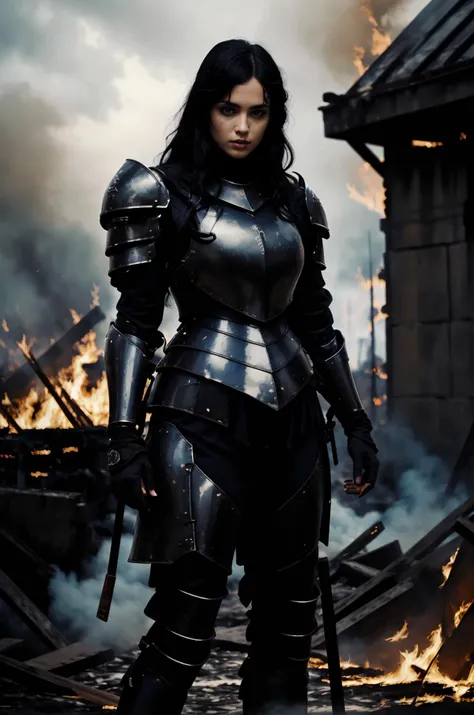 (best quality, masterpiece), nodf_lora, standing, (1girl, solo, black hair, plate armor, shoulder armor, pauldrons, dirty), facing viewer, sexy, breast, (vintage, Ancient era, empty battlefield behind), scenery, (depth of field, dark)