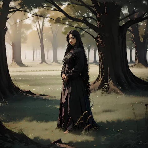 (high quality), nodf_lora, 1girl, solo, portrait, long hair, black hair, dress, standing, outdoors, sky, tree, grass, (depth of field), <lora:notion_of_dark_fantasy-nodf:1>