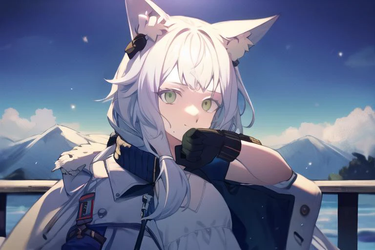 High Quality,<lora:rosmontis:0.8>,1girl,green eyes,animal ears,cat girl,long hair,bangs,looking at viewer,cat ears,animal ear fluff,white_hair,flat chest,closed mouth,
boots,black footwear,dress,white dress,gloves,jacket on shoulders,jacket,jacket on shoulders,jacket,coat,
1girl,(wiping mouth),(covering mouth),<lora:Saya-wiping mouth:1.3>,