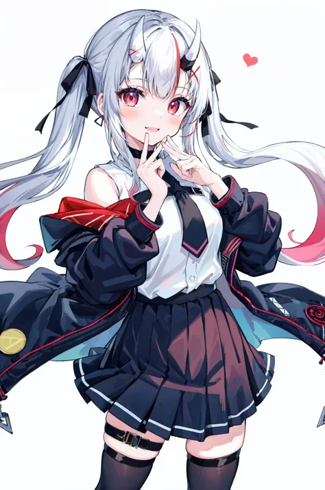 1girl, solo, (masterpiece),(ultra-detailed),(best quality), (beautiful detailed shiny red eyes), (highlight in eyes:1.2), (absurdres), looking at viewer, Nakiri Ayame, long hair, twintails, AyameCasual, white shirt, sleeveless shirt, black necktie, black skirt, pleated skirt, hair ribbon, x hair ornament, black thighhighs, thigh strap, black jacket, open jacket, off shoulder, black choker", smile, (blush), (hand to own mouth), (white background:1.2), heart, <lora:NakiriAyame:1>,  <lora:V:0.3>