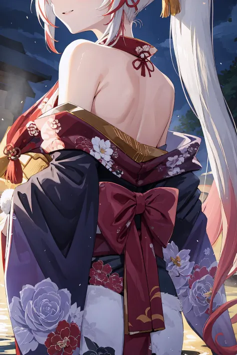 High Quality, Masterpiece, IncrsFrame, <lora:EyesOutOfFrame:1>, head out of frame, from behind, upper body, Nakiri Ayame, long hair, side ponytail, AyameNewYears, red kimono, floral print, wide sleeves, <lora:Char_VTuber_NakiriAyame:1>, onsen, night, shoulder blades,