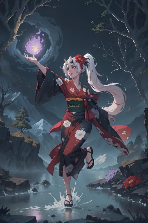 High Quality, Masterpiece, aesthetic, 8k unreal engine photorealism, ethereal lighting, purple, nighttime, darkness, surreal art, fantasy, glowing, night, (dark environment), Nakiri Ayame, long hair, side ponytail, AyameNewYears, red kimono, floral print, hair flower, sash, wide sleeves, <lora:Char_VTuber_NakiriAyame:0.85>, white background, scenery, ink, mountains, water, trees, full body, Unleash a spectrum of colors in a frenetic display, with energetic brushstrokes, splattering paints, and wild color combinations colliding in a truly chaotic manner,