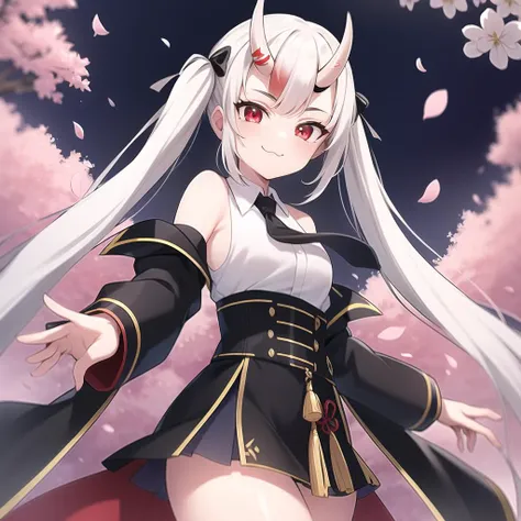 2d, masterpiece, best quality, anime, highly detailed eyes, highly detailed face, highly detailed background, cherry blossoms, perfect lighting, cowboy shot, feet out of frame, standing, dynamic pose, 1girl, ayame, nakiri ayame, hololive, virtual youtuber, white hair, gradient hair, two-tone hair, long hair, twintails, oni horns, white shirt, short necktie, sleeveless, black skirt, black jacket, open jacket, smile, \:3, red eyes, looking at viewer <lora:nakiri ayame:0.6>