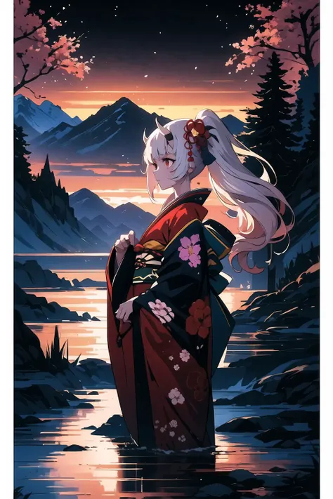 High Quality, Masterpiece, wrenchsfantasy, fantasy, glowing, <lora:Style_WrenchsFantasies:0.9>, night, (dark environment), Nakiri Ayame, long hair, side ponytail, AyameNewYears, red kimono, floral print, hair flower, sash, wide sleeves, <lora:Char_VTuber_NakiriAyame:0.85>, white background, scenery, ink, mountains, water, trees
