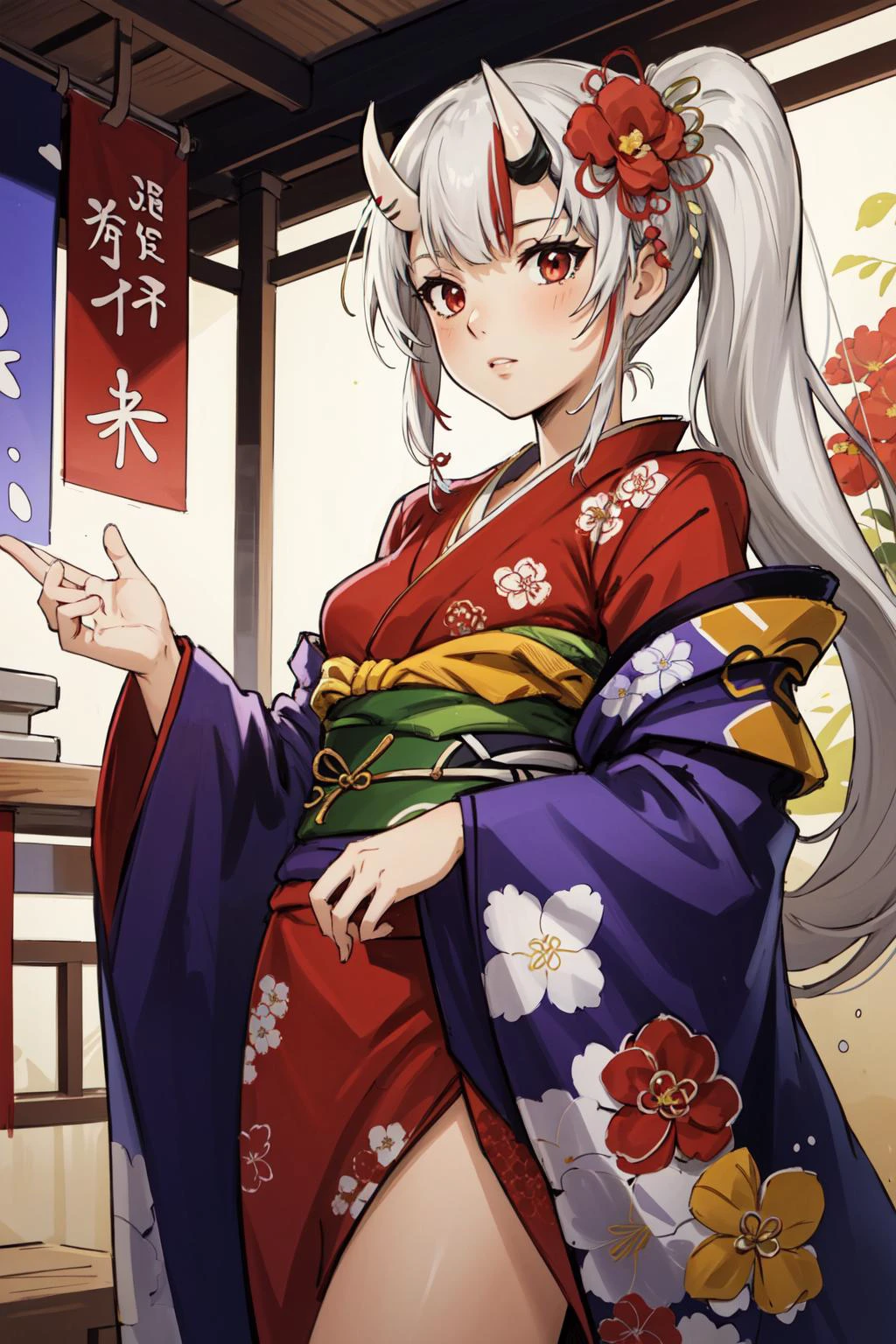 (masterpiece, best quality), intricate details, 8k, artstation, wallpaper, official art, splash art, sharp focus,
1girl, <lora:CHAR-NakiriAyame_v2:0.8> Nakiri Ayame, long hair, side ponytail, AyameNewYears, red kimono, floral print, hair flower, sash, wide sleeves,