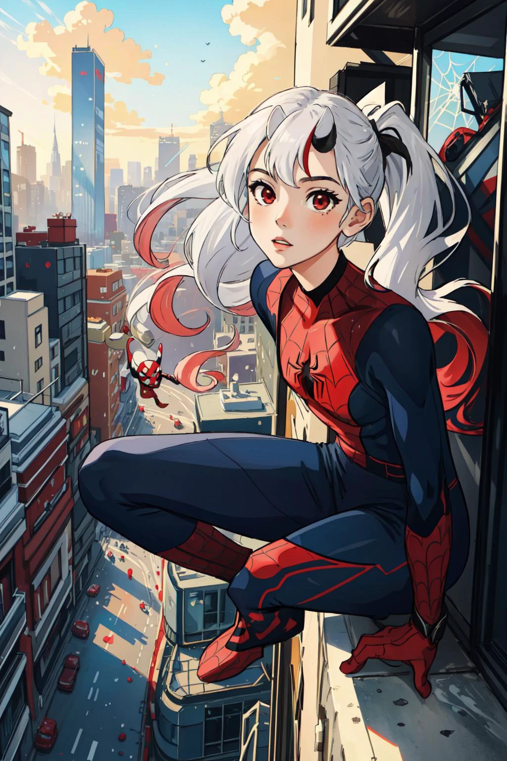 (masterpiece, best quality), intricate details, 8k, artstation, wallpaper, official art, splash art, sharp focus,
1girl, <lora:CHAR-NakiriAyame_v2:0.8> Nakiri Ayame, long hair, twintails, red eyes, white hair,
<lora:attire_spider-man-12:0.8> spider suit, spider web print, spider web,
skyscrappers, city, buildings, cars, street,