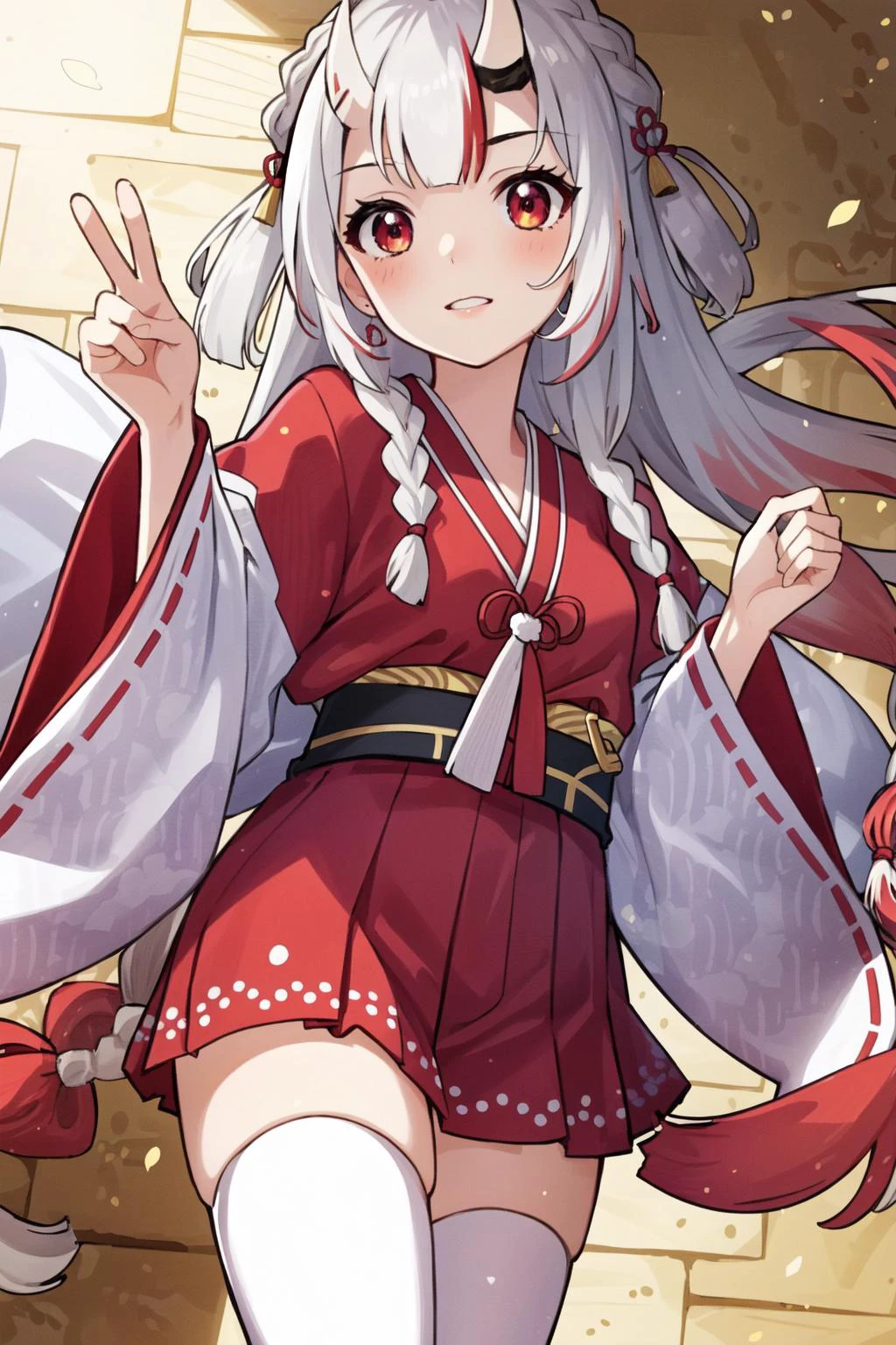 (masterpiece, best quality), intricate details, 8k, artstation, wallpaper, official art, splash art, sharp focus,
1girl, <lora:CHAR-NakiriAyame_v2:0.8> Nakiri Ayame, long hair, braids, AyameShrine, japanese clothes, hakama skirt, white thighhighs,
saito_naoki,