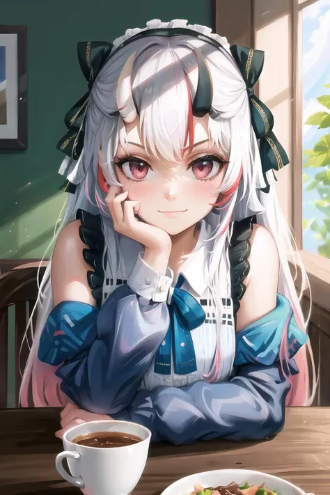 Anime girl with long white hair sitting at a table with a bowl of food ...