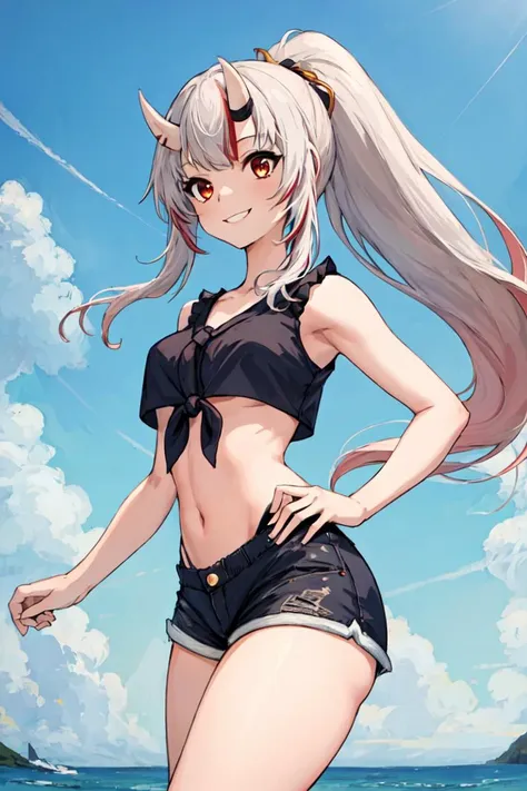 masterpiece, best quality, absurdres, perfect anatomy, 1girl, solo, Nakiri Ayame, long hair, ponytail, cowboy shot, front-tie top, crop top, shorts, casual, smile