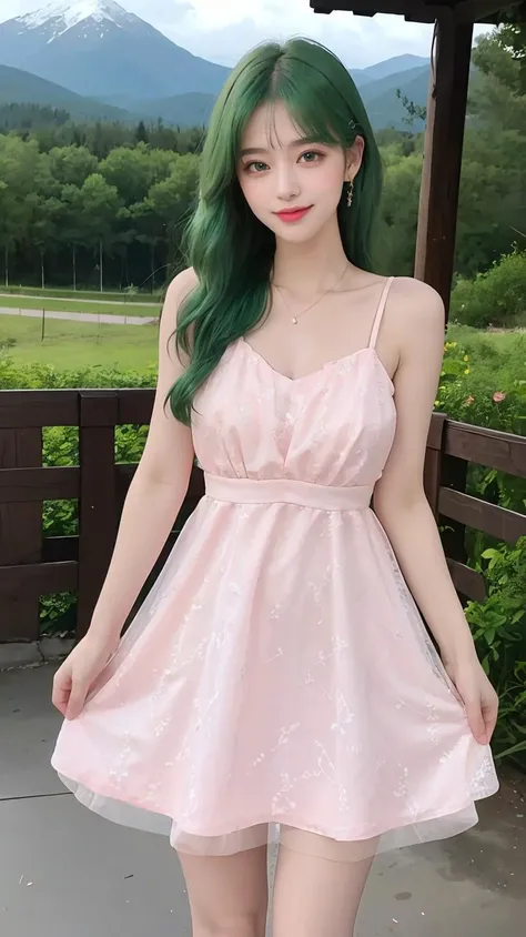 (best quality),[masterpiece],((beautiful:0.75) cute girl:0.75),[clear and clean] pixiv (illustration),,(mountain:1.3),(green hair:1.2),knees up,standing,   <lora:Sweet girl dress2:0.5> Sweet girl dress2,(pink dress:1.2)