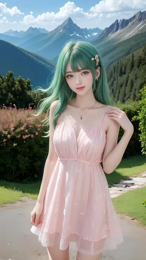 (best quality),[masterpiece],((beautiful:0.75) cute girl:0.75),[clear and clean] pixiv (illustration),,(mountain:1.3),(green hair:1.2),knees up,standing,   <lora:Sweet girl dress2:0.5> Sweet girl dress2,(pink dress:1.2)