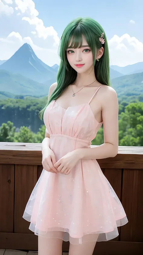 (best quality),[masterpiece],((beautiful:0.75) cute girl:0.75),[clear and clean] pixiv (illustration),,(mountain:1.3),(green hair:1.2),knees up,sitting,   <lora:Sweet girl dress2:0.5> Sweet girl dress2,(pink dress:1.2)